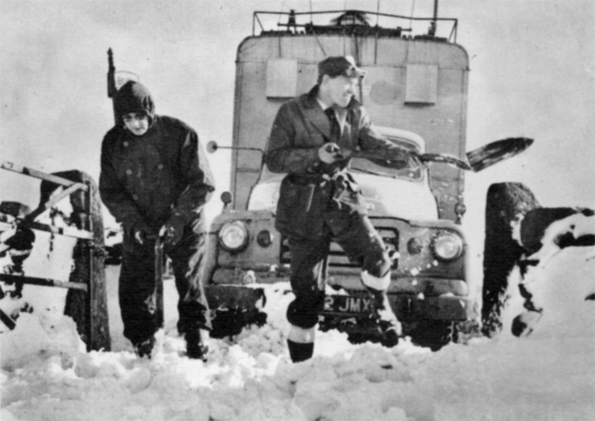 Rigger Driver Ernie Hawksworth and Communications Engineer Frank Taylor making sure OB Unit 1 gets through the snow for a Let's Go programme at Doncaster in February, 1960.